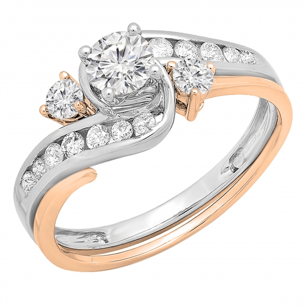 0.90 Carat (ctw) 14K White & Rose Gold Round Diamond Ladies Swirl Bridal Two Tone Engagement Ring Set