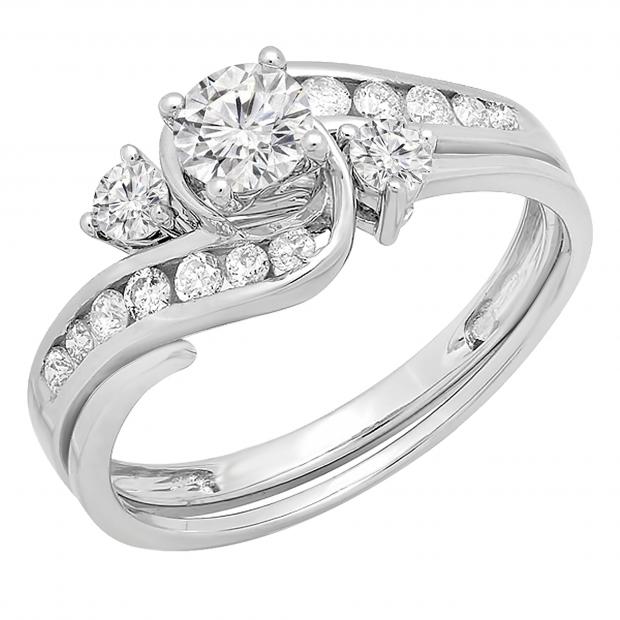 0.75 Carat (ctw) 14K White Gold Round Cut Diamond Ladies Swirl Bridal Engagement Ring With Matching Band Set 3/4 CT