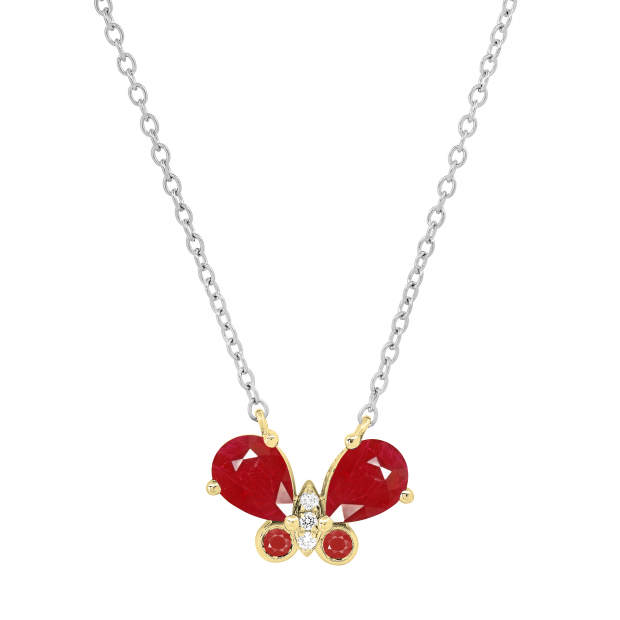 7X5mm Pear Ruby & Round White Diamond Dainty Butterfly Pendant with 18 Inch Silver Chain in 18K Yellow Gold