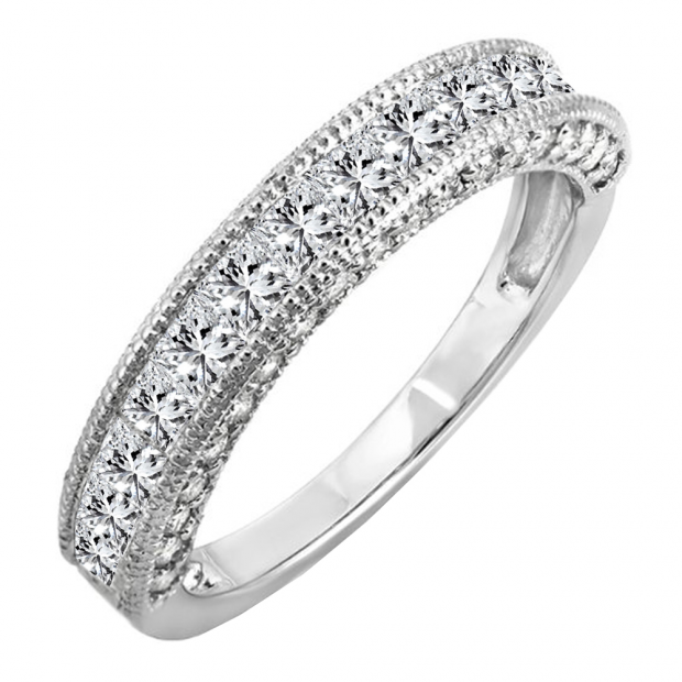 1.15 Carat (ctw) 10K White Gold Princess & Round Diamond Ladies Anniversary Wedding Matching Band Stackable Ring