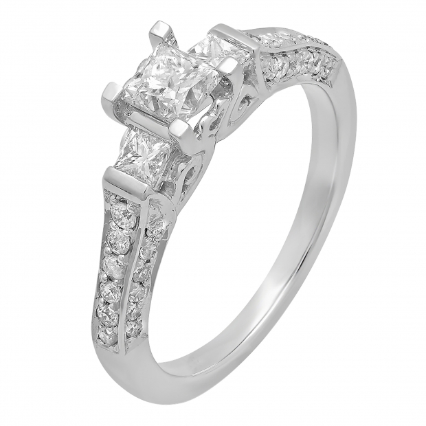 1.00 Carat (ctw) 10k White Gold Princess & Round 3 Stone Diamond Ladies Bridal Engagement Ring
