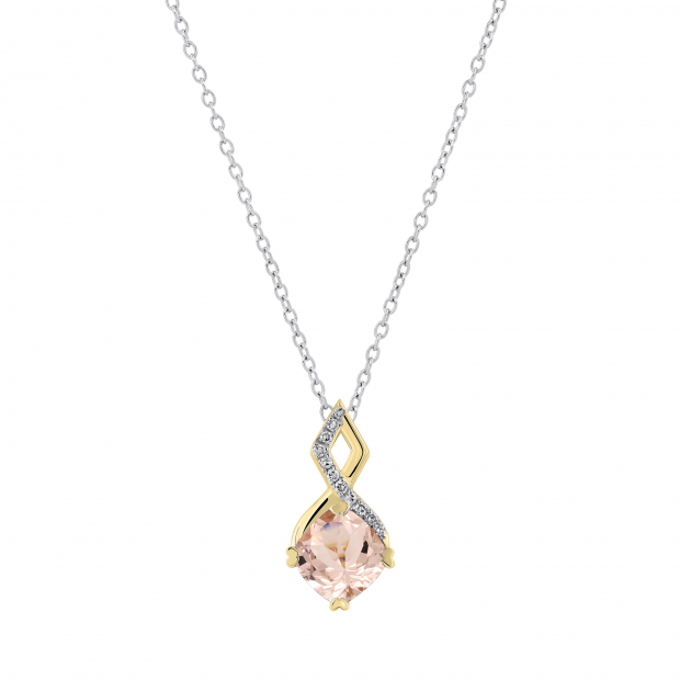 6mm Cushion Morganite & Round Diamond Ladies Infinity Pendant for Her with 18 inch Silver Chain in 18K Yellow Gold