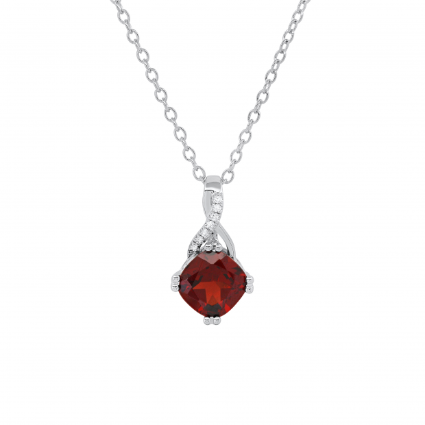 7X7 mm Cushion Garnet & 0.02 ct Round White Diamond Swirl Spilt Shank Ladies Pendant with Silver Chain 18 Inch | 10K White Silver