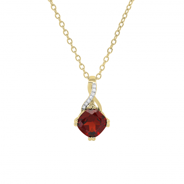7X7 mm Cushion Garnet & 0.02 ct Round White Diamond Swirl Spilt Shank Ladies Pendant with Gold Chain 18 Inch | 10K Yellow Gold