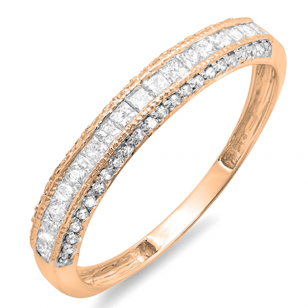 0.45 Carat (ctw) 10k Rose Gold Princess & Round Diamond Ladies Anniversary Wedding Matching Band Stackable Ring