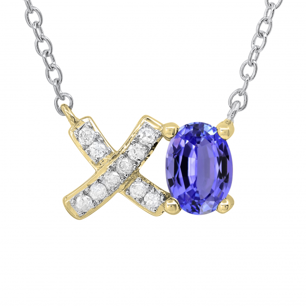 7X5mm Oval Tanzanite & 0.11 CT Round White Diamond Alphabet Pendant for Women with 18 Inch Silver Chain in 18K Yellow Gold