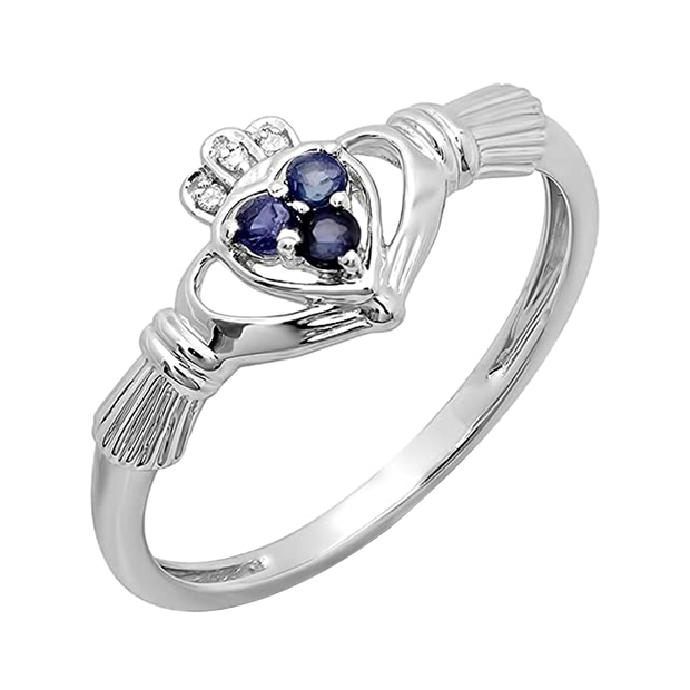 0.15 Carat (ctw) 18k White Gold Round Diamond and Blue Sapphire Ladies Bridal Promise Irish Love and Friendship Band Claddagh Heart Shape Ring