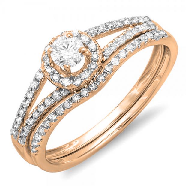 0.45 Carat (ctw) 10k Rose Gold Round Diamond Ladies Bridal Halo Style Engagement Ring With Wedding Band Set 1/2 CT