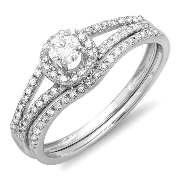 0.45 Carat (ctw) 10k White Gold Round Diamond Ladies Bridal Halo Style Engagement Ring With Wedding Band Set 1/2 CT