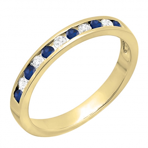 0.45 Carat (ctw) 14k Yellow Gold Round White Diamond & Blue Sapphire Ladies Anniversary Wedding Stackable Ring Band 1/2 CT