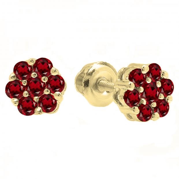 Round Garnet Ladies Cluster Style Flower Stud Earrings 10K Yellow Gold