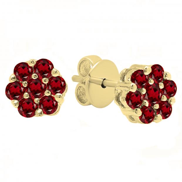 Round Garnet Ladies Cluster Style Flower Stud Earrings 14K Yellow Gold