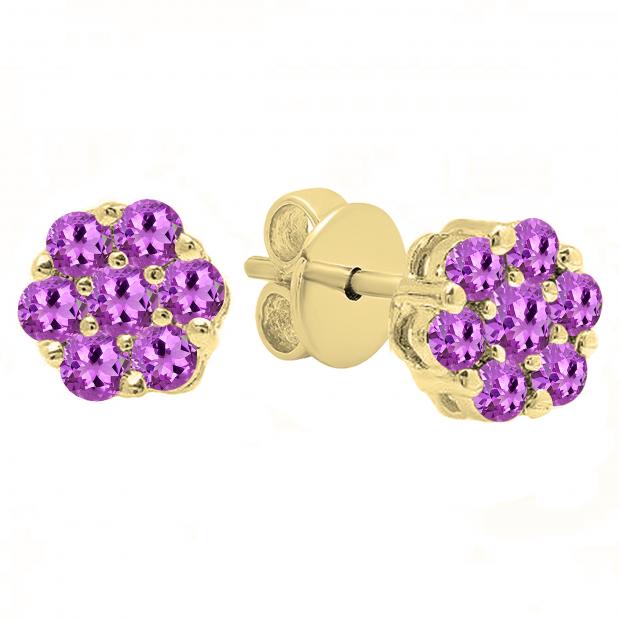 Round Amethyst Ladies Cluster Style Flower Stud Earrings 10K Yellow Gold
