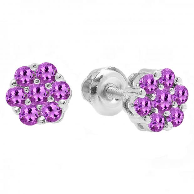 Round Amethyst Ladies Cluster Style Flower Stud Earrings 14K White Gold