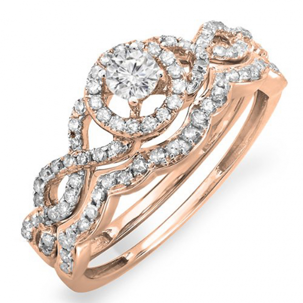 0.50 Carat (ctw) 10k Rose Gold Round Diamond Ladies Halo Style Bridal Engagement Ring Matching Band Set 1/2 CT