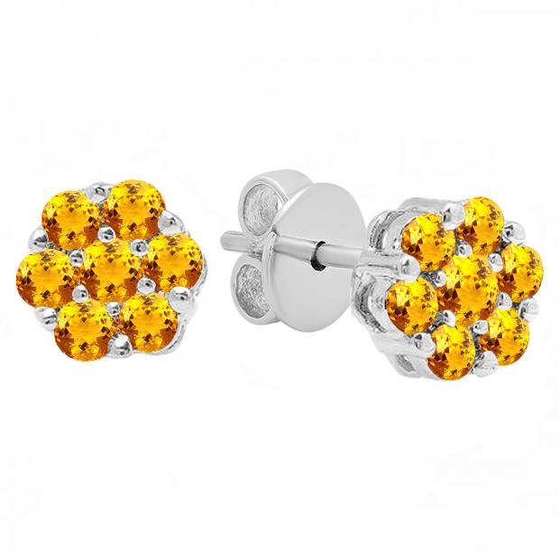 Round Citrine Ladies Cluster Style Flower Stud Earrings 14K White Gold