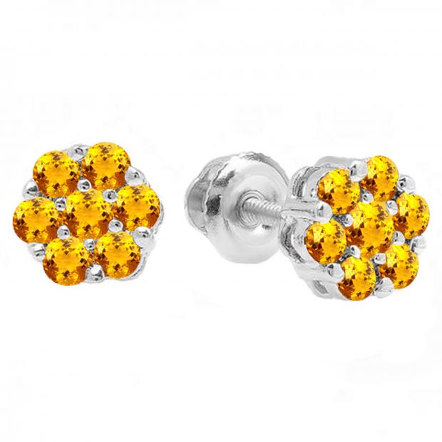 Round Citrine Ladies Cluster Style Flower Stud Earrings 14K White Gold