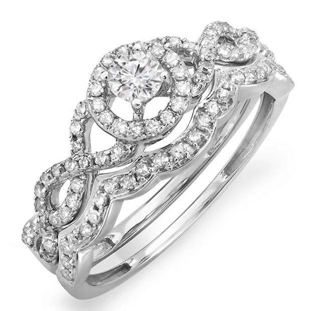 0.50 Carat (ctw) 18k White Gold Round Diamond Ladies Halo Style Bridal Engagement Ring Matching Band Set 1/2 CT