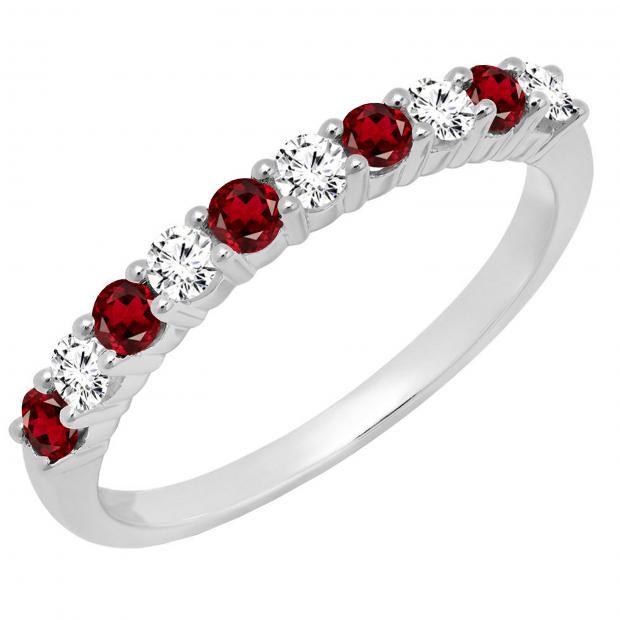 Round Garnet & White Diamond Ladies Stackable Anniversary Wedding Band | 14K White Gold
