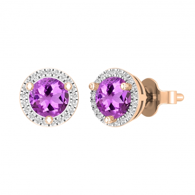 5mm Round Amethyst & 0.12 Carat (ctw) Round White Diamond Halo Circle Push Back Stud Earrings for Women in Gold