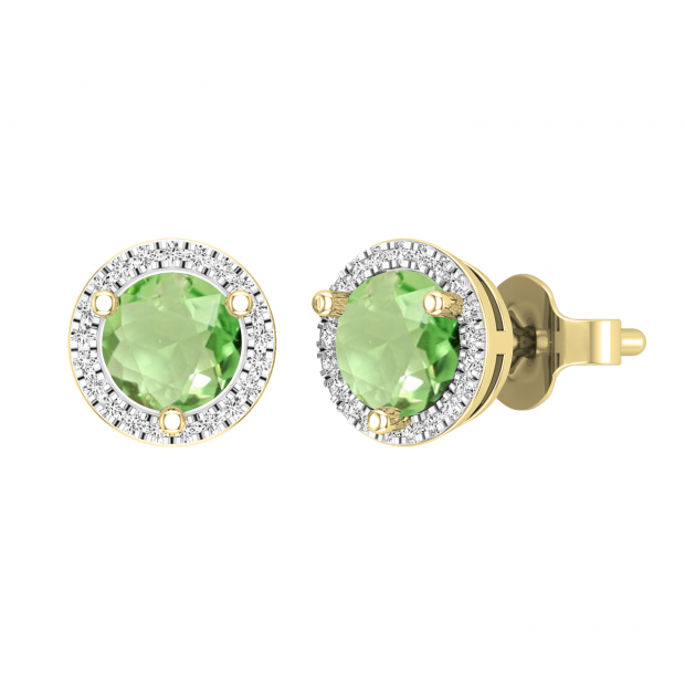 5mm Round Center Peridot & White Diamond Halo Circle Push Back Stud Earrings for Women (0.12 ctw, Color I-J, Clarity I1-I2) in 18K Yellow Gold