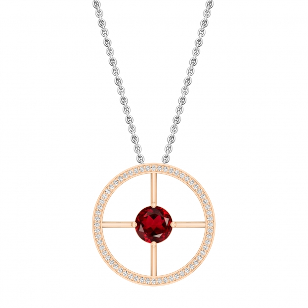 8mm Round Solitaire Garnet & White Diamond Wheel Style Circle Pendant Necklace for Women in 18K Rose Gold