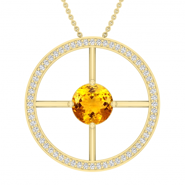 8mm Round Citrine and White Diamonds Wheel Style Circle Solitaire Pendant for Women with 18 inch Gold Chain in 18K Yellow Gold