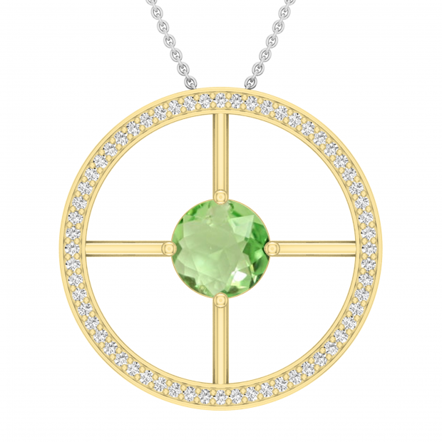 8mm Round Solitaire Peridot & White Diamond Wheel Style Circle Pendant for Women with 18 inch Silver Chain in 18K Yellow Gold