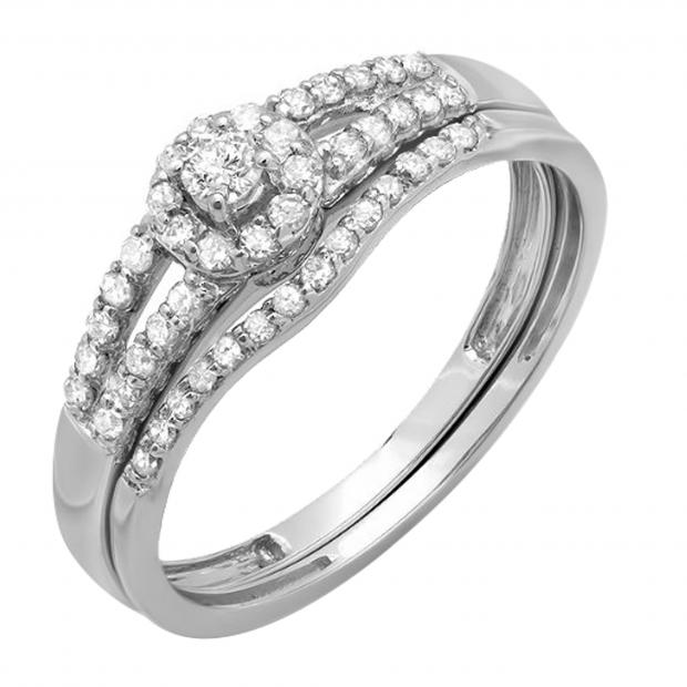 0.40 Carat (ctw) 14k White Gold Round Diamond Ladies Split Shank Halo Style Bridal Engagement Ring Matching Band Set