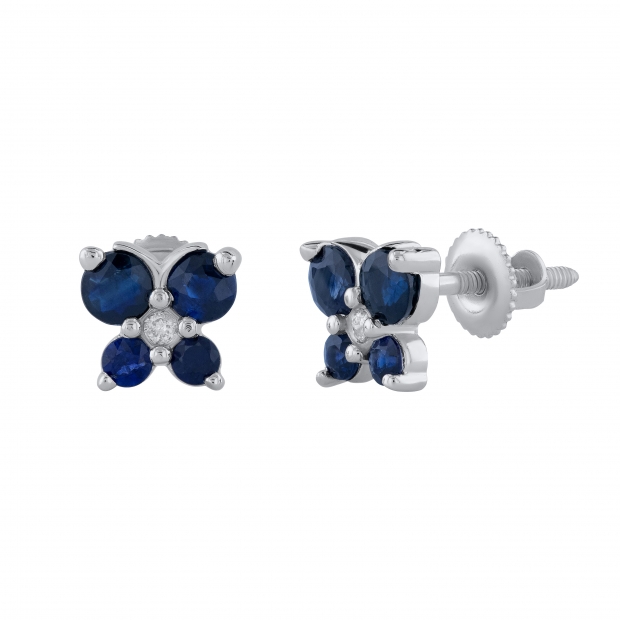 5 Stone Round Blue Sapphire and Accent White Diamond Elegant Butterfly Shape Screw Back Stud Earrings for Women, 925 Sterling Silver