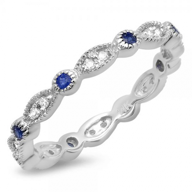 0.40 Carat (ctw) 10K White Gold Round Blue Sapphire and White Diamond Ladies Vintage Style Anniversary Wedding Band Stackable Ring