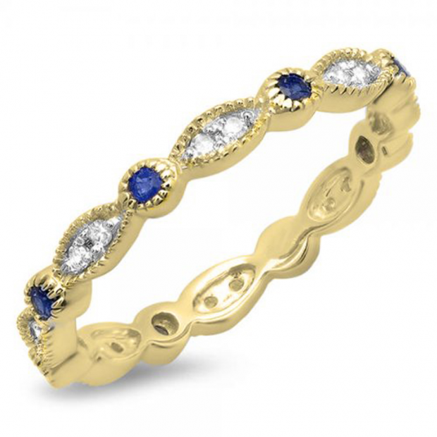 0.40 Carat (ctw) 10K Yellow Gold Round Blue Sapphire and White Diamond Ladies Vintage Style Anniversary Wedding Band Stackable Ring