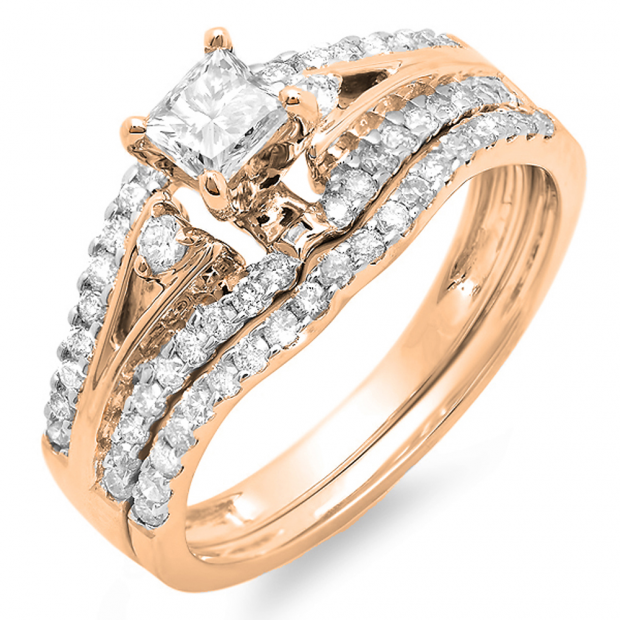 1.00 Carat (ctw) 10k Rose Gold Princess & Round Diamond Ladies Ring Engagement Bridal Wedding Band Set 1 CT