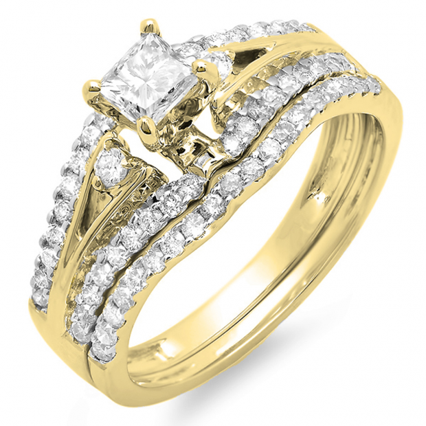 1.00 Carat (ctw) 10k Yellow Gold Princess & Round Diamond Ladies Ring Engagement Bridal Wedding Band Set 1 CT