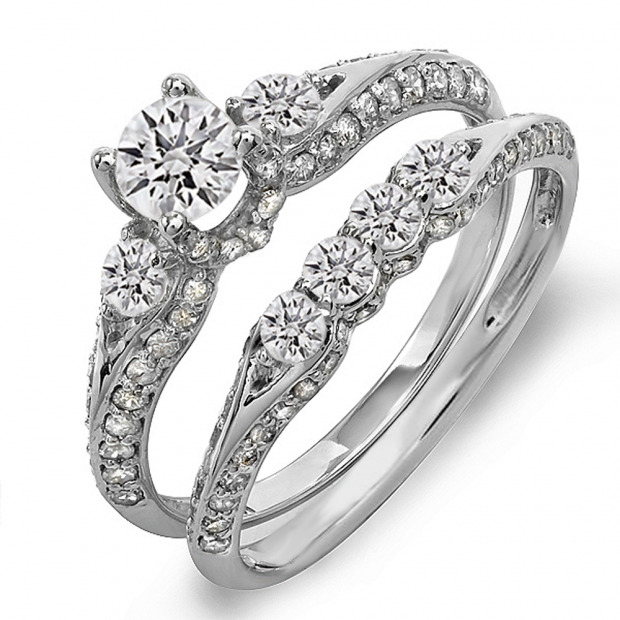 1.45 Carat (ctw) 10k White Gold Round Diamond Ladies 3 Stone Bridal Engagement Ring Set With Matching Band