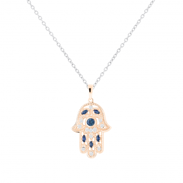 Round & Marquise Blue Sapphire & Round White Diamond Hamsa Hand of Fatima Pendant For Her | 18K Rose Gold