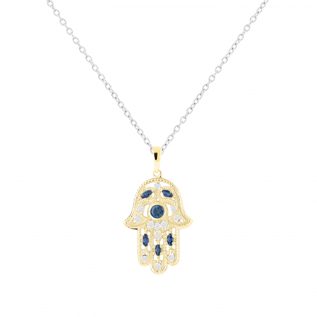 Round & Marquise Blue Sapphire & Round White Diamond Hamsa Hand of Fatima Pendant For Her | 18K Yellow Gold