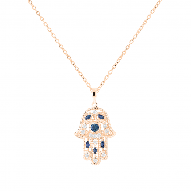 Round & Marquise Blue Sapphire & Round White Diamond Hamsa Hand of Fatima Pendant For Her | 18K Rose Gold
