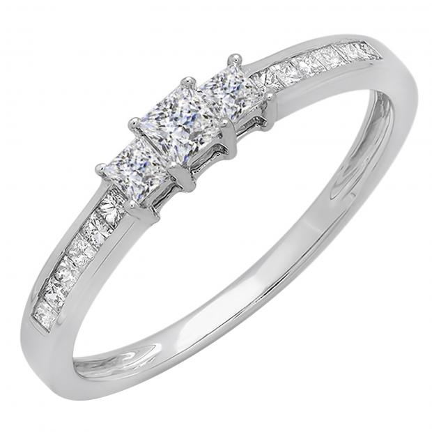 0.65 Carat (ctw) Sterling Silver Princess Cut Cubic Zirconia CZ Ladies Bridal 3 Stone Engagement Ring