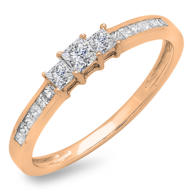 0.45 Carat (ctw) 18k Rose Gold Princess Cut Diamond Ladies Bridal 3 Stone Engagement Ring 1/2 CT
