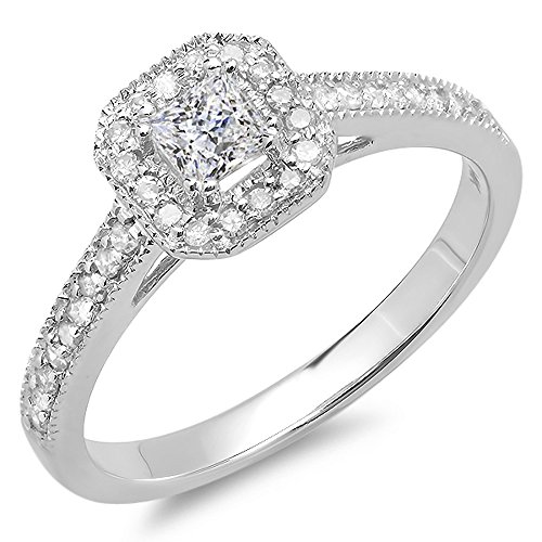 0.50 Carat (ctw) 10K White Gold Princess & Round Diamond Ladies Halo Style Bridal Engagement Ring 1/2 CT