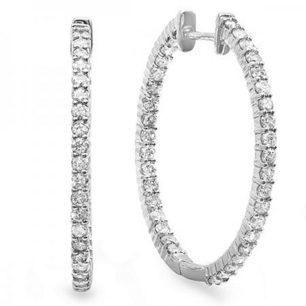 0.85 Carat (ctw) 18k White Gold Round Diamond Ladies In and Out Hoop Earrings