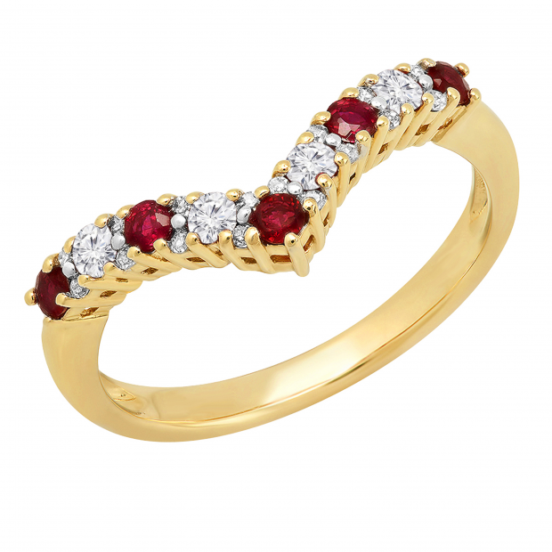 Round Ruby & 0.18 CT White Diamond Alternating Style Chevron Stackable Wedding Ring for Her in 14K Yellow Gold