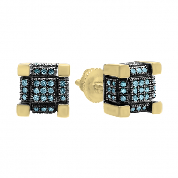 Round Blue Diamond Cube Cluster Unisex Miligrain Earrings in 10K Yellow Gold in Screw Back