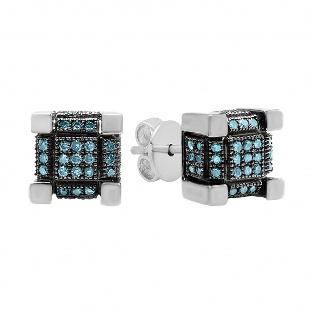 Round Blue Diamond Cube Cluster Unisex Miligrain Earrings in 925 Sterling Silver in Push Back