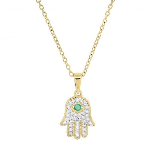 2mm Round Natural Emerald & White Diamond Traditional Hamsa Hand Pendant with 18 inch Gold Chain for Her in 18K Yellow Gold