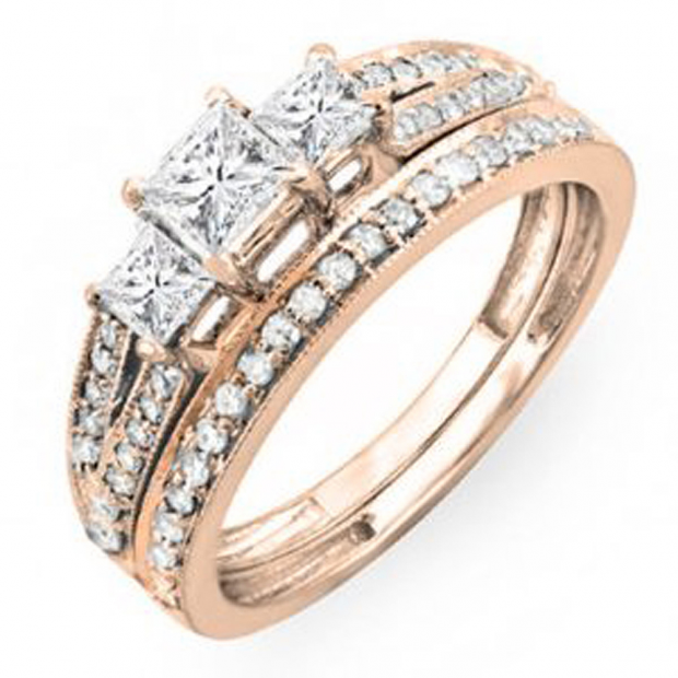 1.00 Carat (ctw) 10k Rose Gold Princess Cut 3 Stone Diamond Ladies Engagement Bridal Ring Set Matching Band 1 CT