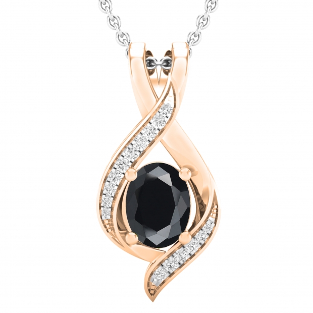 8X6mm Oval Black Sapphire & Round White Diamond Infinity Pendant Necklace for Women with 18 inch Silver Chain in 18K Rose Gold  