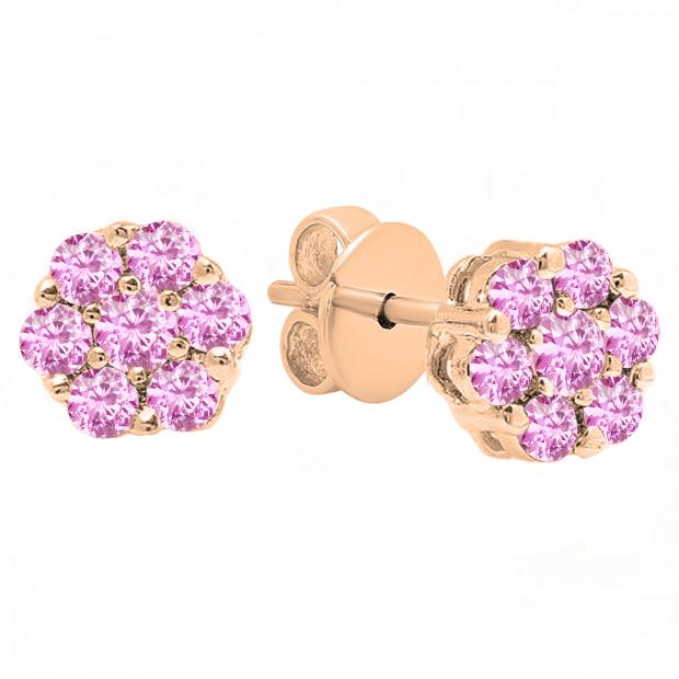 Round Pink Sapphire Ladies Cluster Style Flower Stud Earrings 10K Rose Gold