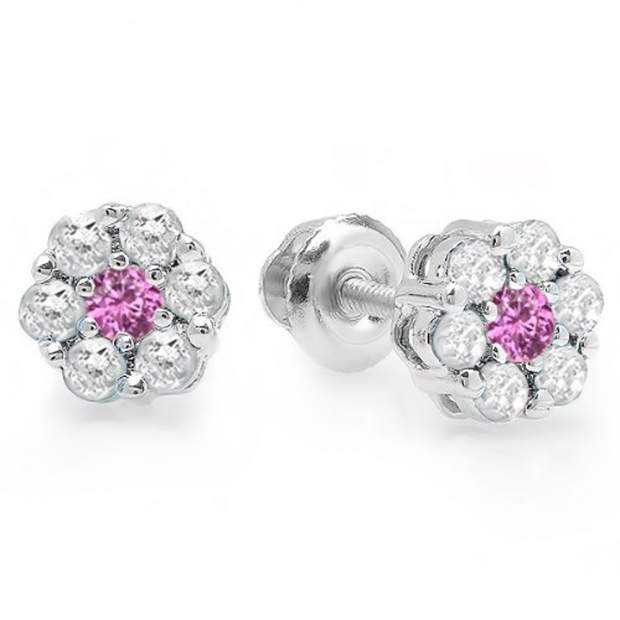 0.40 Carat (ctw) 10K White Gold Round Cut White Diamond & Pink Sapphire Ladies Cluster Flower Stud Earrings